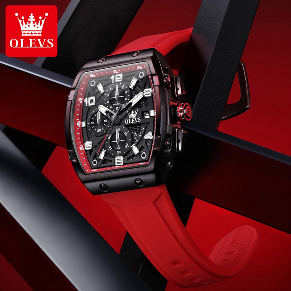 OLEVS Mens Watch Fashion Silicone Strap Tonneau Chronograph Quartz Watch Waterproof Luminous Sports Date Watches Gifts