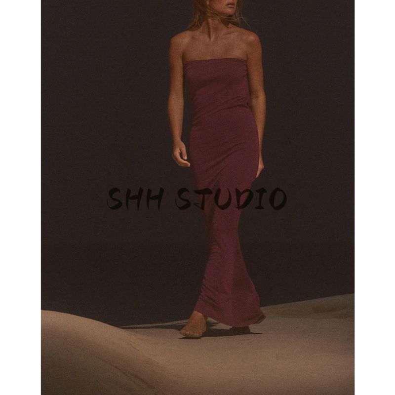 Summer Women's Pleated Draped Collar Design Strapless Straight Collar Back Sling Tube Top Long Dress 5039423