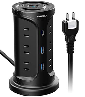 NVEESHOX Type-C Power Strip, Tower Extension Cord with Extendable Mounting Bracket, Outlets with USB, Lightning Protection, 3-Layer Design, 12 AC Outl