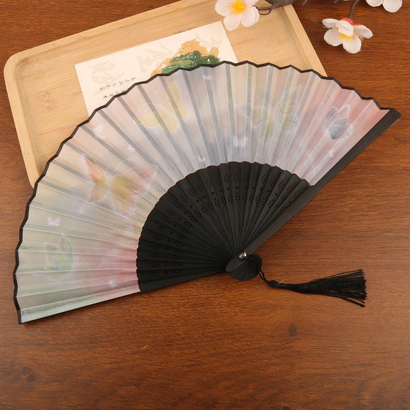 *1Pcs Chinese Style Butterfly Floral Folding Fan Hand Held Fan Tassel Wedding Dance Summer Decor