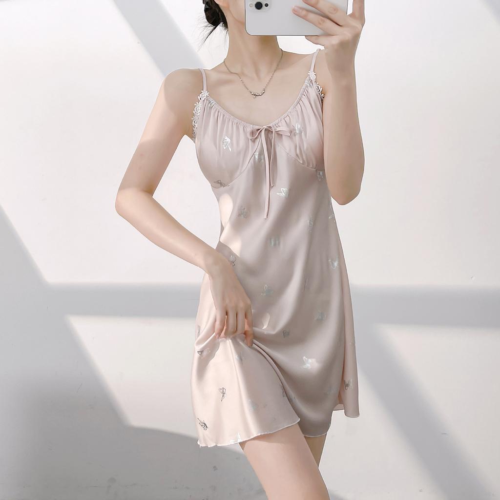 1011 new sexy nightdress women's summer suspenders ice silk pajamas ins printed pure desire pajamas with chest pads