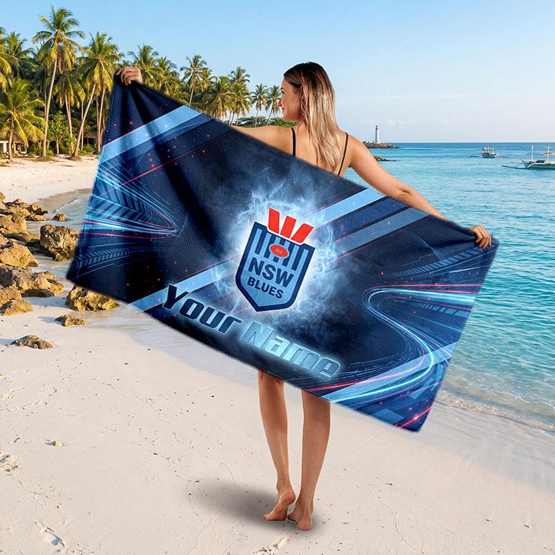 NSW Blues Customized Name Text Beach Towel, Soft Absorbent Towel Beach Pool Travel Personal Gift