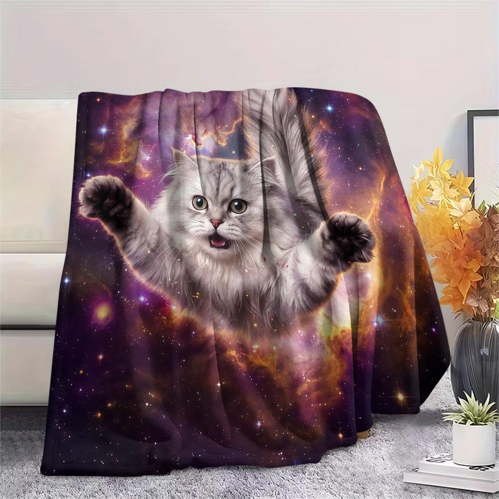 1Pc Galaxy Cat Dog Print Flannel Blanket High Quality Warm Comfortable Cover for All Seasons Perfect for Gifts Home Decor