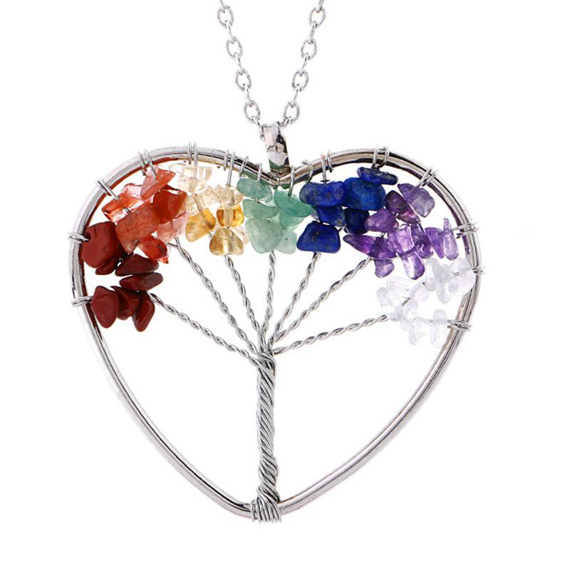 7-Color Crystal Tree of Life Pendant Necklace - Handmade Wire-Wrapped Gemstone Wealth Tree Ornament