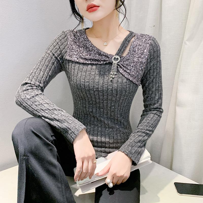 Stylish Diagonal Collar Hollow T-shirt Women's Long-sleeved Winter Bottoming Shirt Versatile and Thin Top