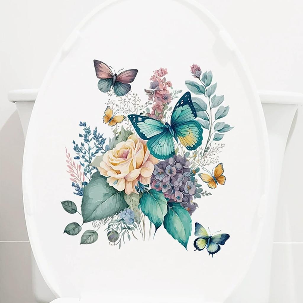 Birds Flowers Butterfly Toilet Seat Lid Stickers Self-Adhesive Bathroom Wall Sticker Floral, Birds, Butterfly Toilet Seat Decals DIY Removable