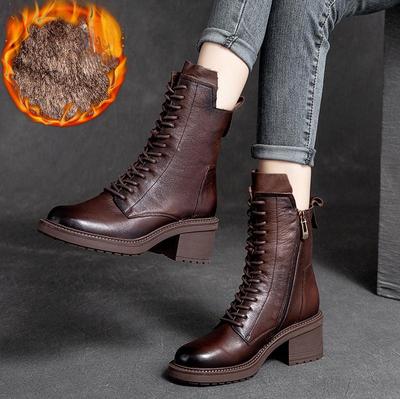 Stivali invernali Scarpe da donna in vera pelle Peluche Stivali con plateau da cucito per il tempo libero fatti a mano con punta tonda calda