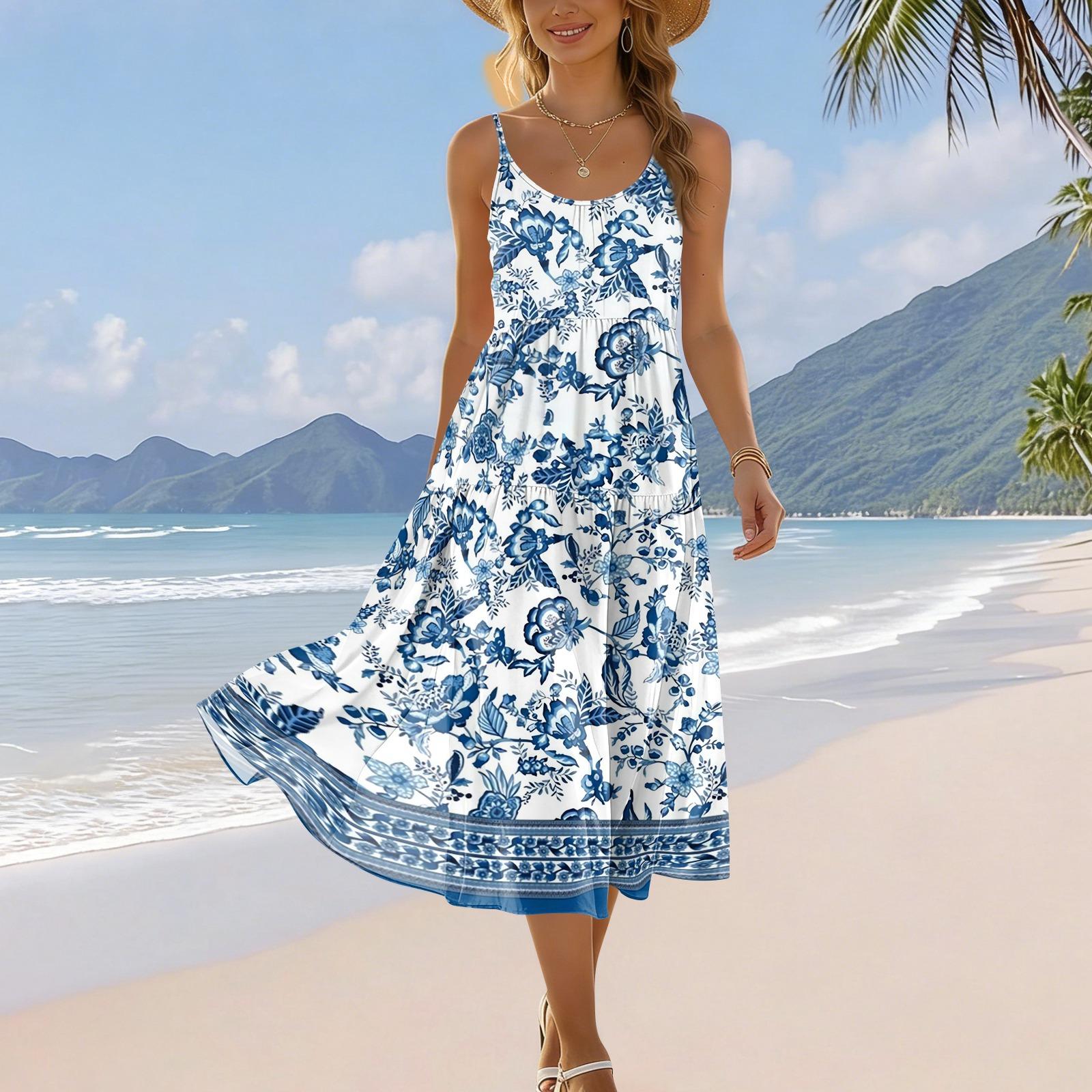 Women’s Sleeveless Adjustable Strap Bohemian Casual Beach Holiday Dress with Pockets and Polka Dot Print for Summer M синий