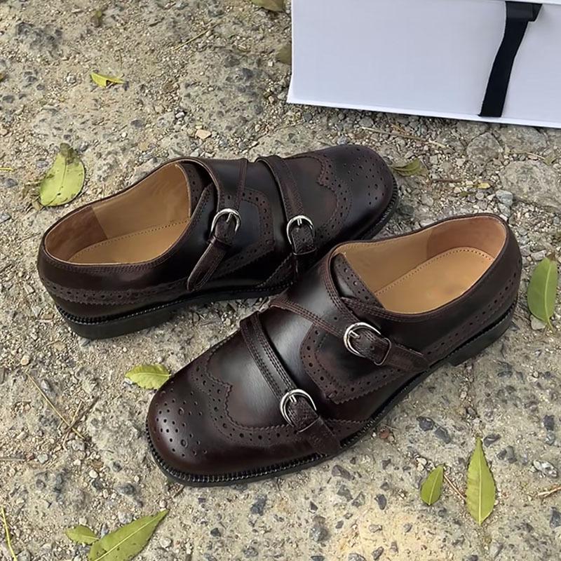 Cowhide Version~ Heavy Industry Leather Retro Style Small Leather Shoes Women's Thick Heel Round Head Belt Buckle Loafer Single Shoes