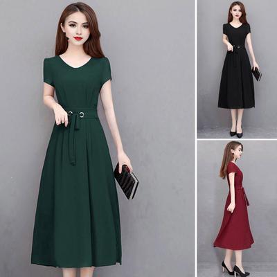 Summer Lady Dress Round Neck A-line Short Sleeves Slim Waist Plus Size Pure Color Slim Fit Mid-calf Length OL Commute Midi Dress