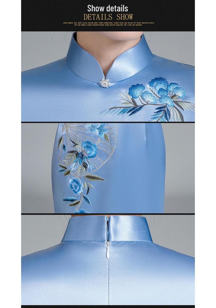 Spring Chinese Style Acetate Satin Embroidered Long Cheongsam for Mother of the Bride/Groom