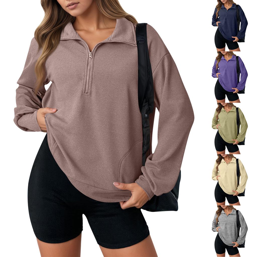 Women's Fashion Solid Color Zipper Lapel Solid Color Casual  Sweatshirt Top