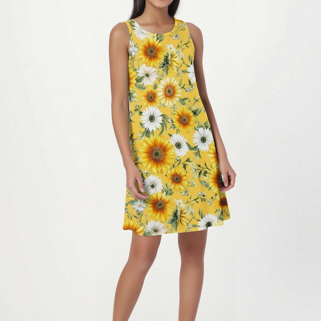 Damenmode Strandkleid Ärmelloses Rundhalskleid mit Blumendruck