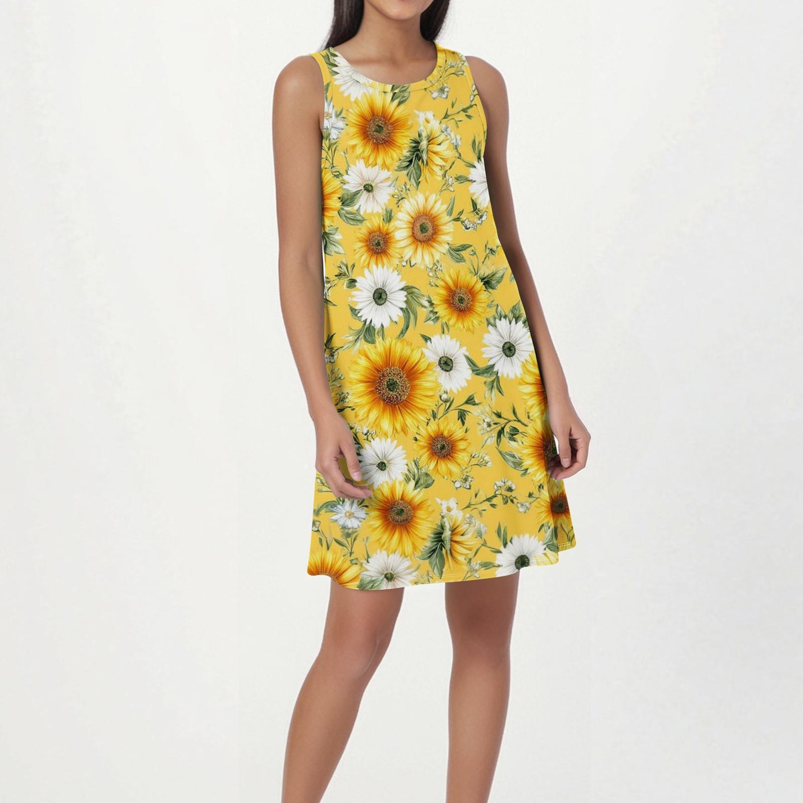

Women s Fashion Beach Dress Sleeveless Round Neck Floral Print Dress XL жовтий