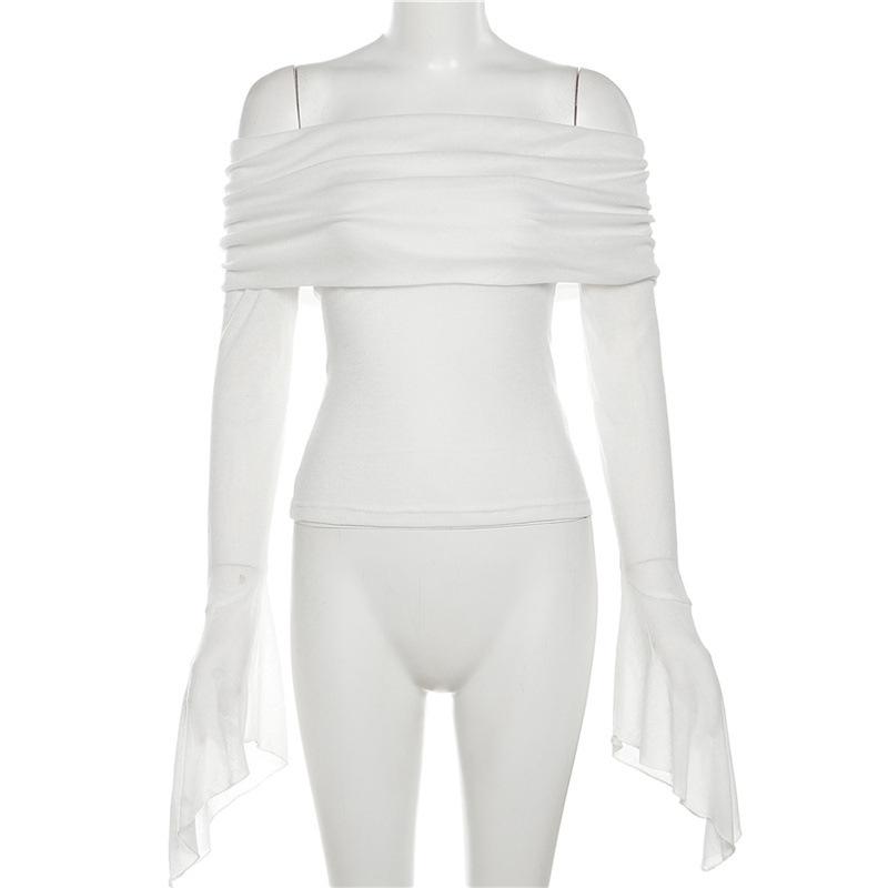 Fashion New Solid Slim Fit Off Shoulder T-shirt Women Sexy Backless Flare Long Sleeve Tshirts Woman Street Y2K Elegant Casual Lady Tee Shirt 24574