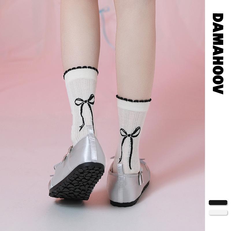 Trendy Summer Bow Lace Mid-Calf Glass Silk Ballet Socks