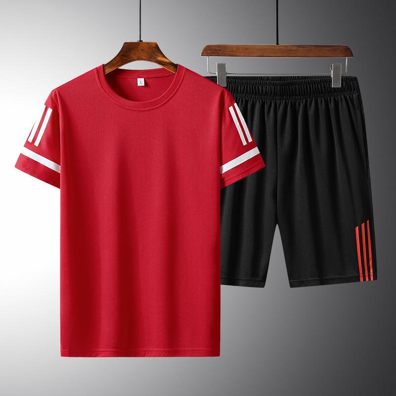 Summer New Men's Casual Sports Suit Round Neck Thin Section of Short-sleeved T-shirt Short Trousers Ice Silk Quick Dry Two-piece Set
