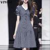 VONDA Women Stitching V Neck Short Sleeve Plaid Print Casual Pleated Dress