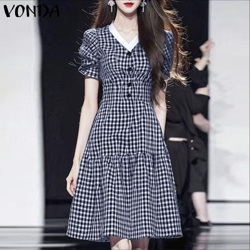VONDA Women Stitching V Neck Short Sleeve Plaid Print Casual Pleated Dress
