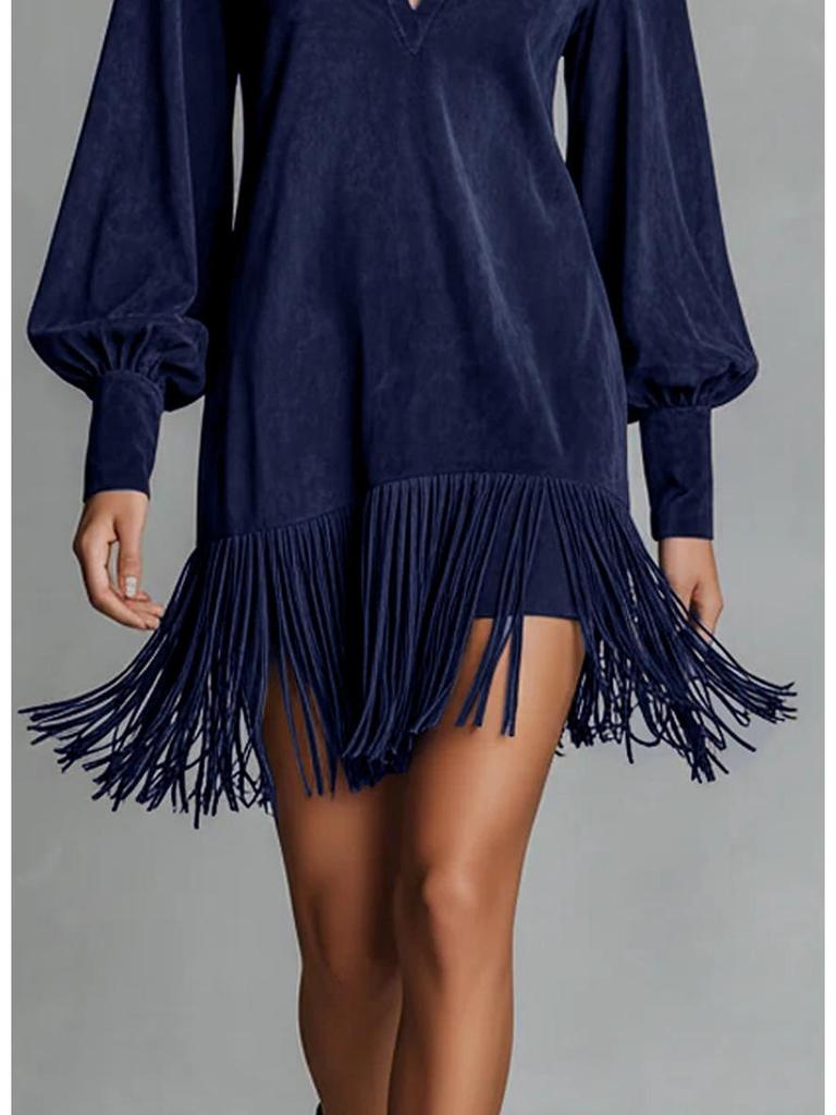 Western Cowboy Faux Suede Fringed Slim Fit V-Neck Dress for Women