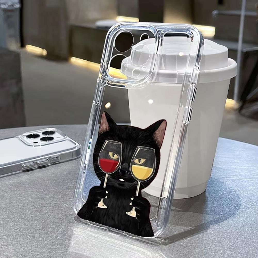 Süße Schwarze Katze Weinflasche Druck Handyhülle für iPhone 17 16 15 14 13 12 11 16E Serie Pro Max Plus Doppelschichtiger Schutz