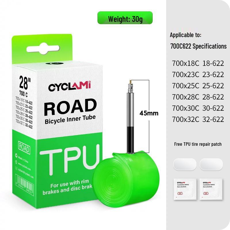 CYCLAMI Ultralight TPU Inner Tube with Free Tire Patches and Levers - 30g, Presta Valve, Puncture Proof Road Bike Tire.