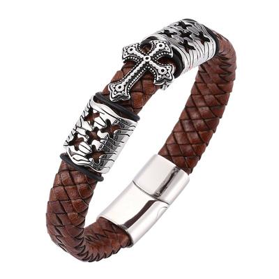Bracelet vintage en cuir tressé marron pour homme, avec fermoir en acier, bijou masculin, cadeau