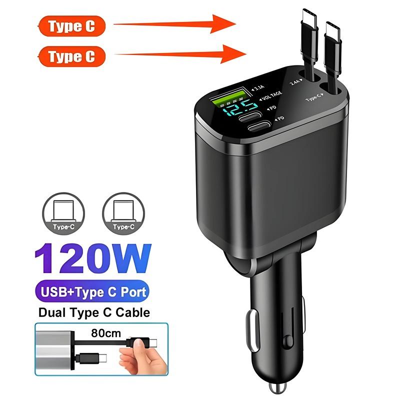 

Retractable Car Charger, 4 in 1 Fast Charging Car Charger 120W, Type C Dual USB Ports Car Charger Adapter For IPhone Huawei LG