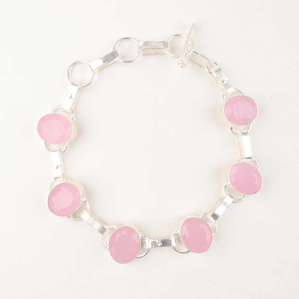 Women's Gift Rose Chalcedony Gemstone 925 Sterling Silver Jewelry Bracelet 9" RB-6-7