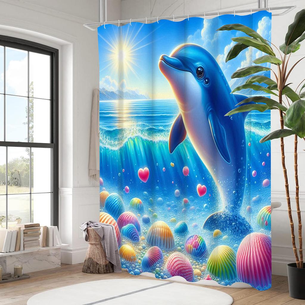 Dolphin In Wave Bathing Curtain  Bathroom Shower Curtain Waterproof With 12 Hooks Home Deco Free Ship