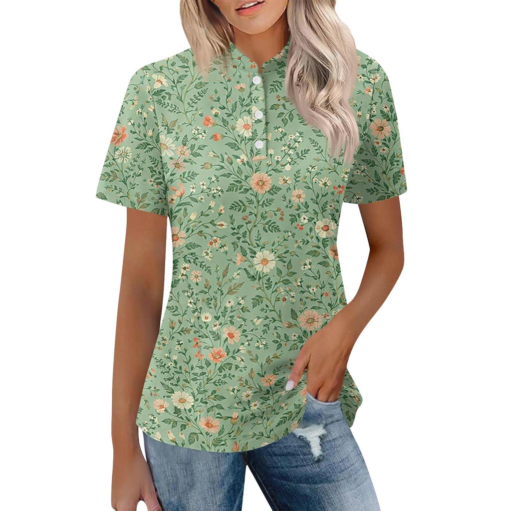 Women's Casual Polo Collar Short Sleeve Top Loose Fit Tropical Leaf Floral Print Shirt Summer Lightweight Blouse