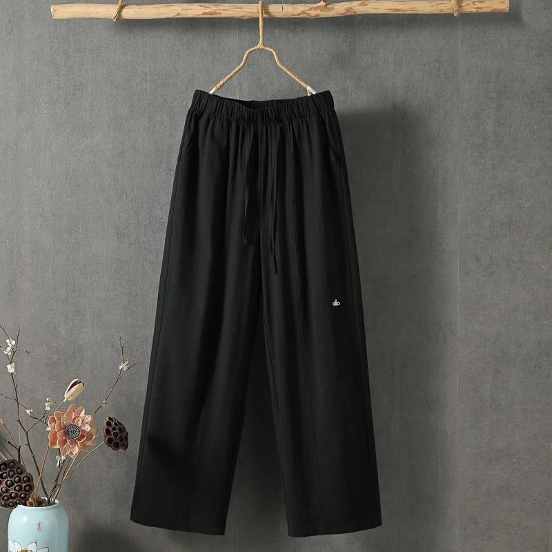 Women Summer Cotton Hemp Cropped Pants Mid-Rise Elastic Waistband Casual Pants Solid Color