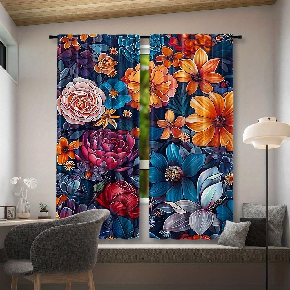 2 Stück Boho Blumenfenstervorhänge - Lebendiges Orange   Blau & Rosa Blumendesign   Stangentasche für Schlafzimmer   Wohnzimmer   Set