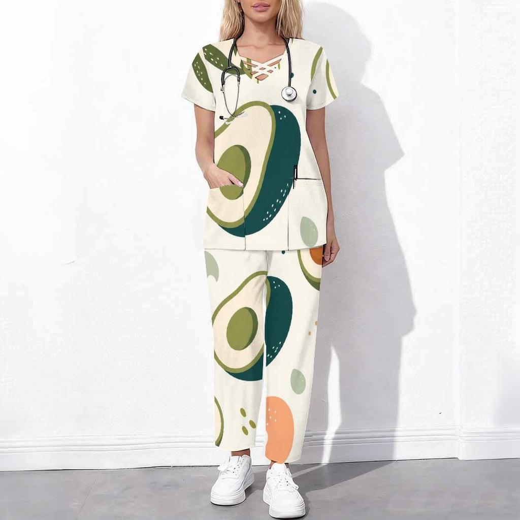 Women Plus Size Printed Scrub Set Crisscross Cutout Neck Short Sleeve Pockets Top Long Pants