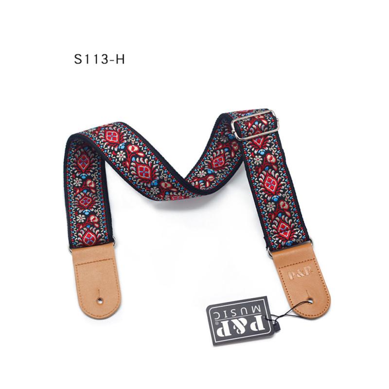 Guitar Strap Embroidered Belt Adjustable Length Vintage Jacquard Band with Leather End for Bass