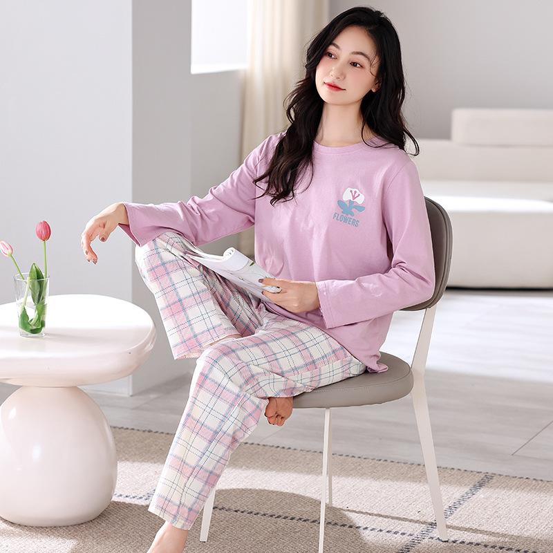 Reine Baumwolle Pyjama Damen Frühling Langarm Rundhals Große Größen Baumwolle Damen Loungewear Set