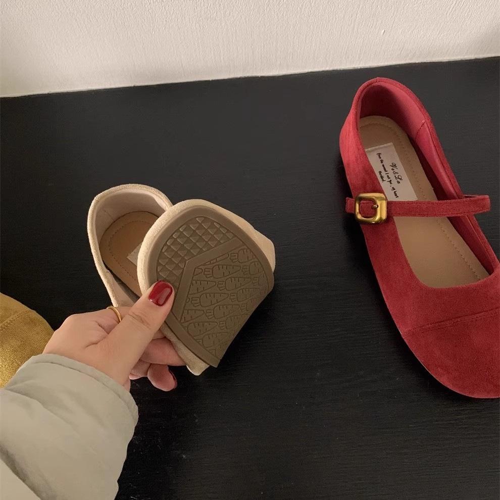 Lett munn rød single sko dame vår og høst ny fransk retro mild fe semsket Mary Jane sko flate lue sko