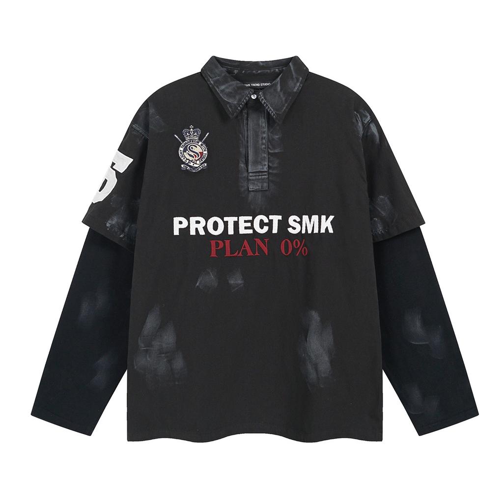 Street Tide Brand Wasteland Feng Shui Washing Dirty Dye Old American Jersey Fake Two Pieces Heavy Industry Embroidery Polo Collar Sweater Men