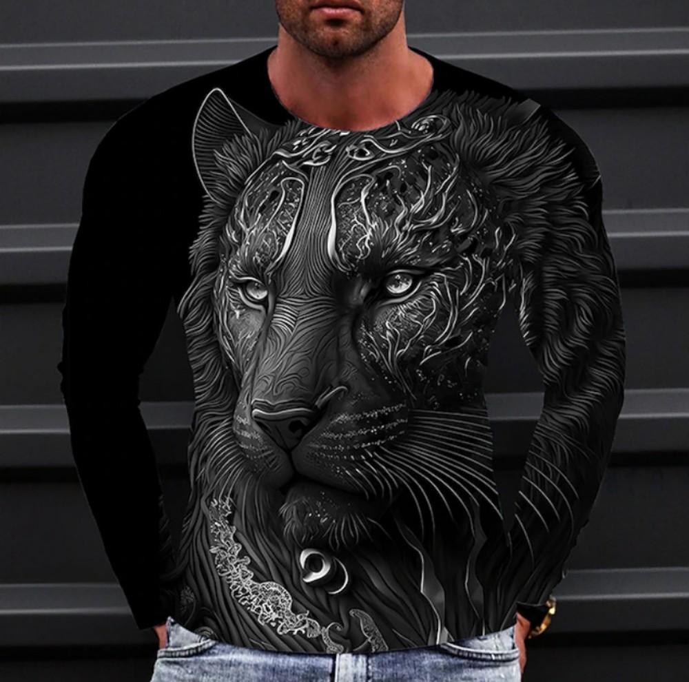Trendy essential! 3D wolf print long-sleeve T-shirt, stylish casual wear.
