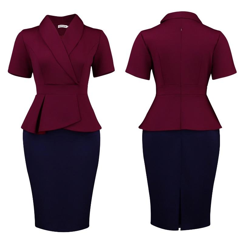 Übergröße Damen Kurzarm Rüschen Farbblock Hoher Bund Bodycon Midi Kleid