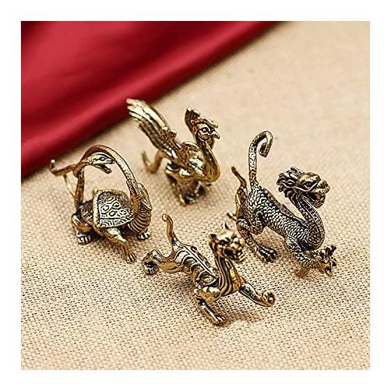 RemeeHi Divine Beast Brass Figure Set of 4, Four Divine Beasts, Blue Dragon, Suzaku, Byakko, Genbu, Interior, Feng Shui, Good Luck, Money Luck, Luck