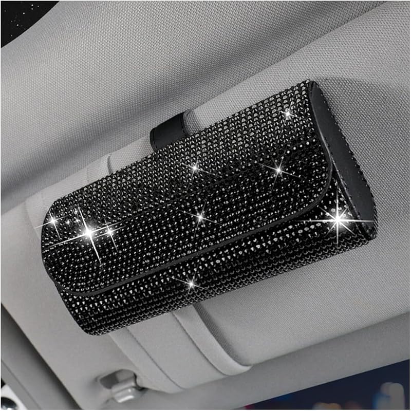 Bling Car Sunglass Holder For Sun Visor, Sparkling Crystal Leather Automotive Eyeglasses Mount Clip Organizer With Hidden Magnetic Closure For Men