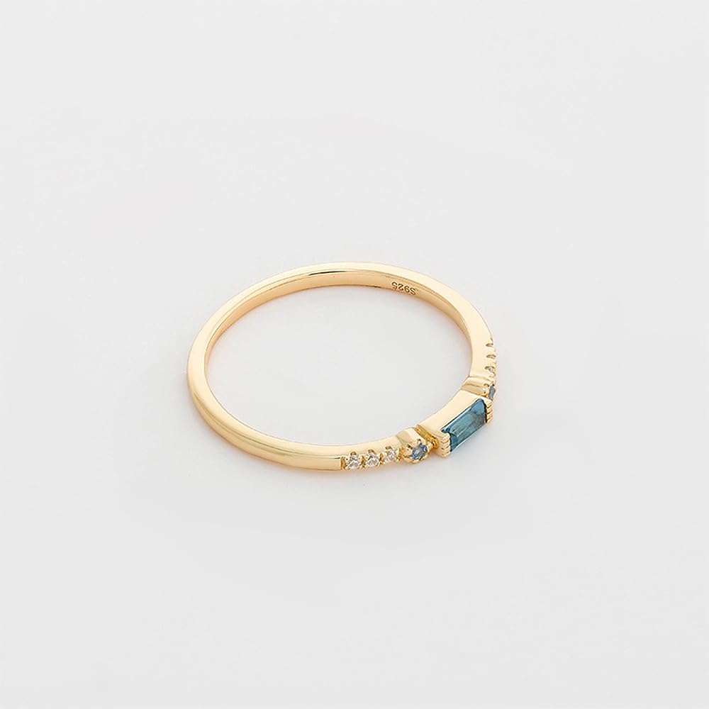 Richight Simple Natural Stone Rectangle London Blue Topaz Sterling Silver Ring for Adult Women, Small Topaz, Silver 925 Gold, Blue Stone, Slim Fit