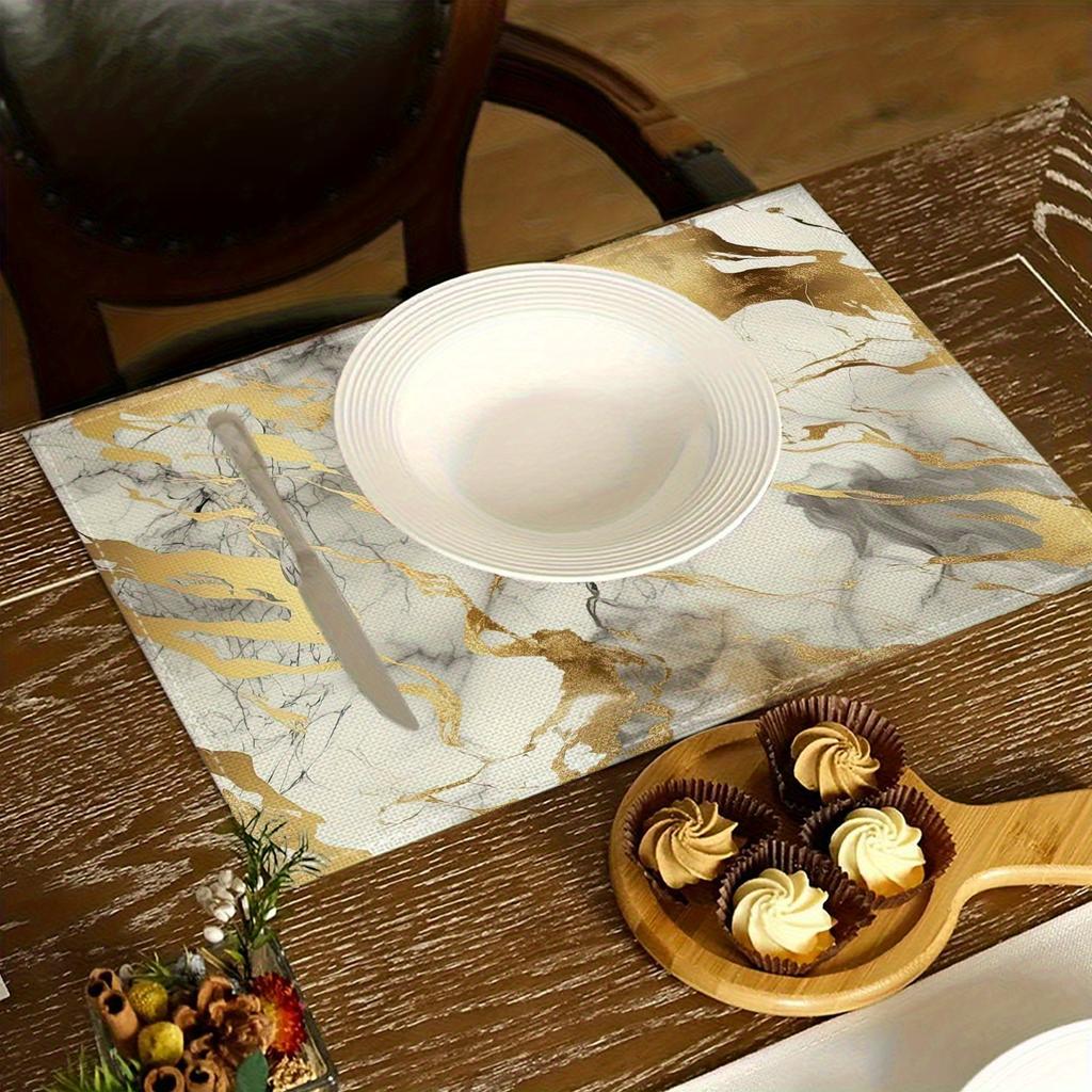 4pcs Golden Marble Placemats – Washable, Non-Slip Polyester Table Mats for Dining Kitchen, Heat Resistant Modern Decor