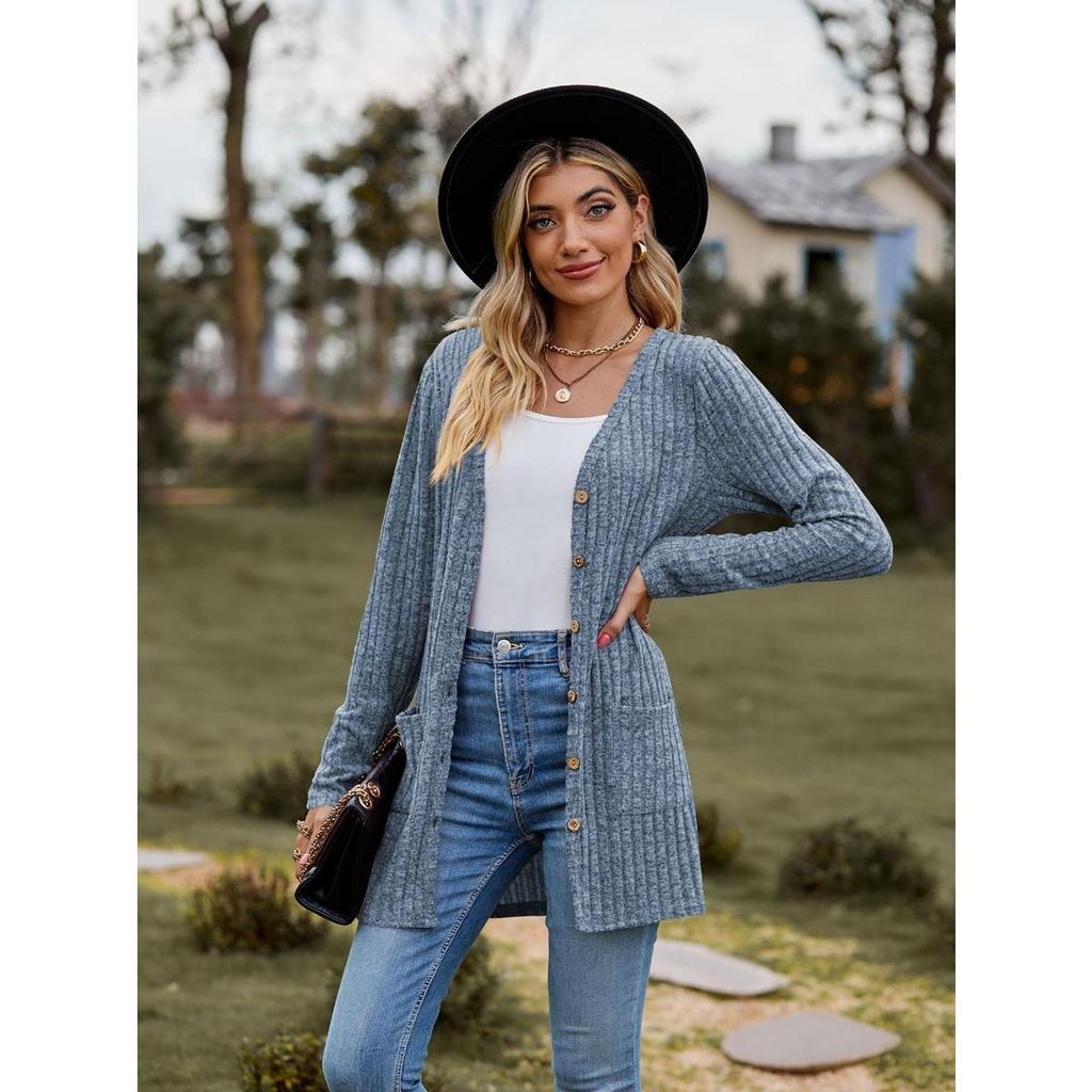 Autumn New Women's Clothing Women's Brushed Pit Stripe Solid Color Long Sleeved Women's Cardigan Jacket