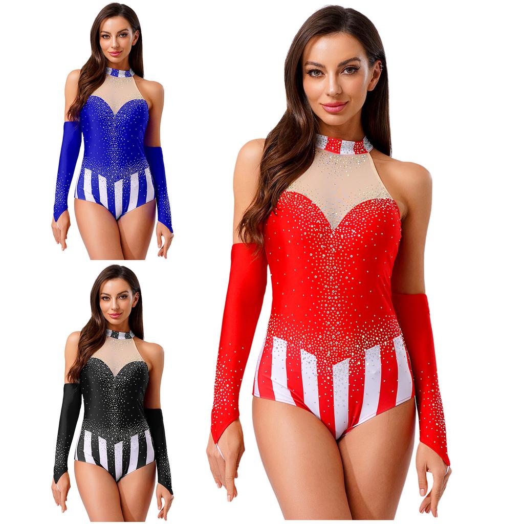 Glitterende Strass Kleurblok Maillot voor Dames S-3XL: Mouwloze Circus Ringmeester Bodysuit met Vingerloze Handschoenen voor Gymnastische Dans