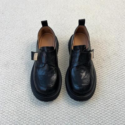 Versione in pelle di pecora~ scarpe singole da donna con tacco spesso e velcro in vera pelle a bocca profonda, scarpe di pelle nera piccole