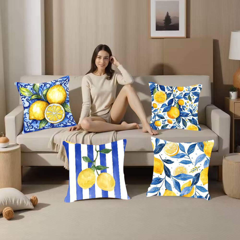 Blue - Toned Watercolor Lemon Pillow Case  Anti-dustmite Pillowcase Invisible Zipper Silky Short Plush Sofa Cushion Cover