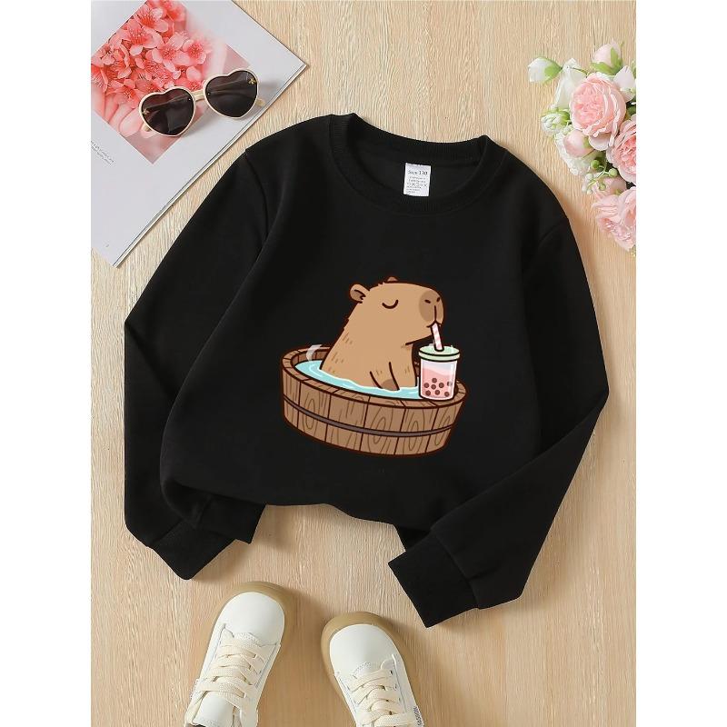 European sizes Crewneck Sweatshirt for Kids Featuring a Bear in a Bath with a Bubble Tea Machine. Perfect for Sports And Casual Outings
