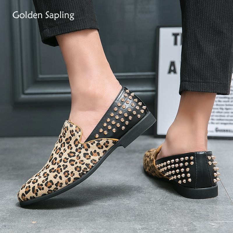 Golden Sapling Men's Casual Shoes Leopard Rivet Flats Punk Style Party Loafers Leisure Flat Leather Shoes Men Moccasins
